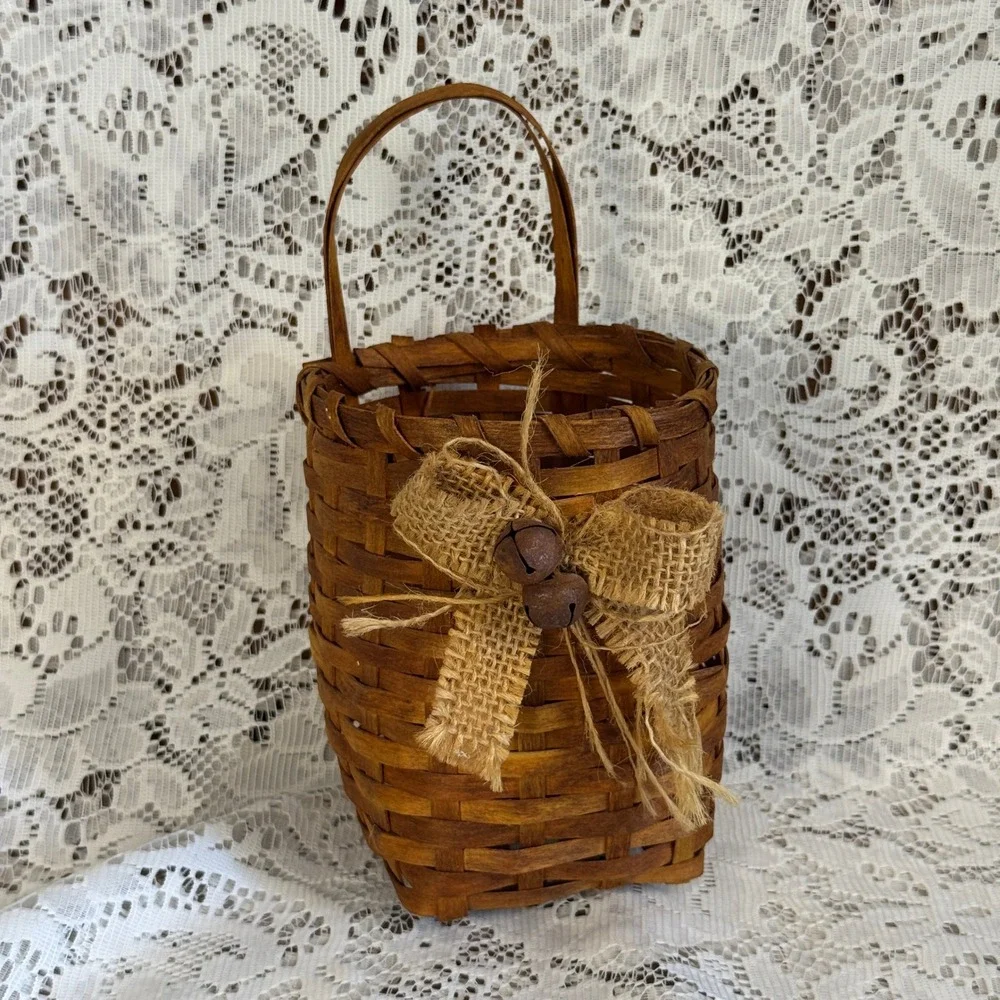 Rustic Brown Woven Wood Splint Hanging Basket with Burlap Bow & Bells Primitive
